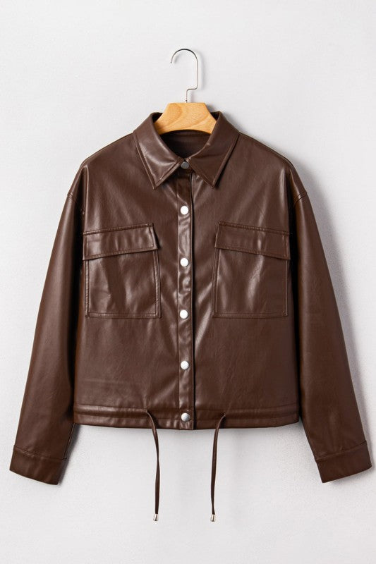 Leather Drawstring Hem Pocketed Jacket See size chart under “more details”