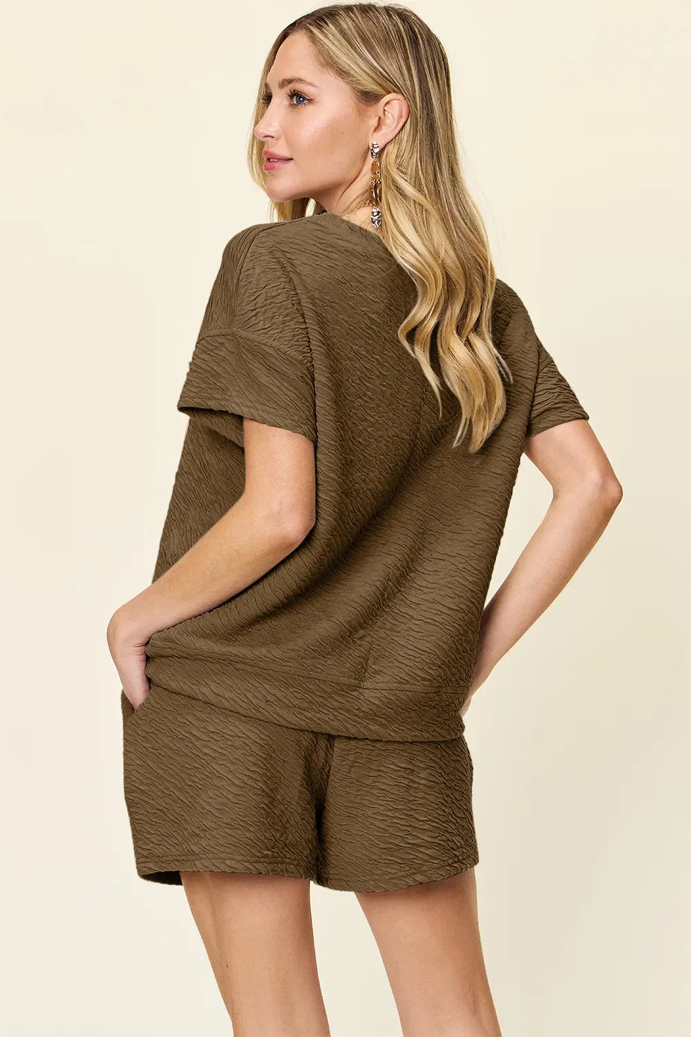 I am a Fashion Junky Full Size Texture Short Sleeve T-Shirt and Drawstring Shorts Set
