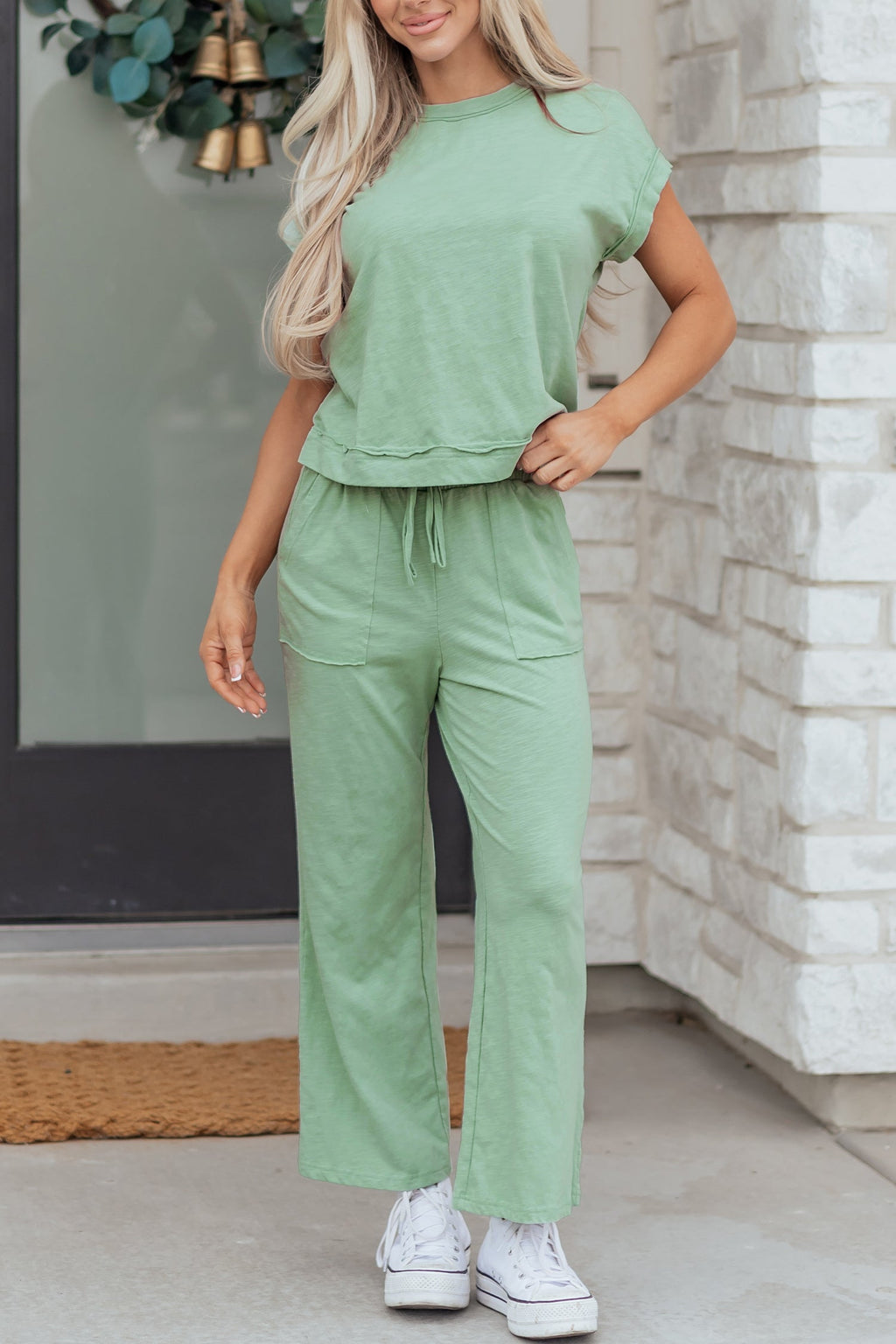 Canton Cuffed Short Sleeve Tee Raw Seam Patch Pocket Drawstring Pants Set