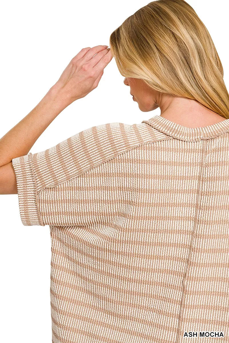 Raised Rib Striped Exposed Seam Top