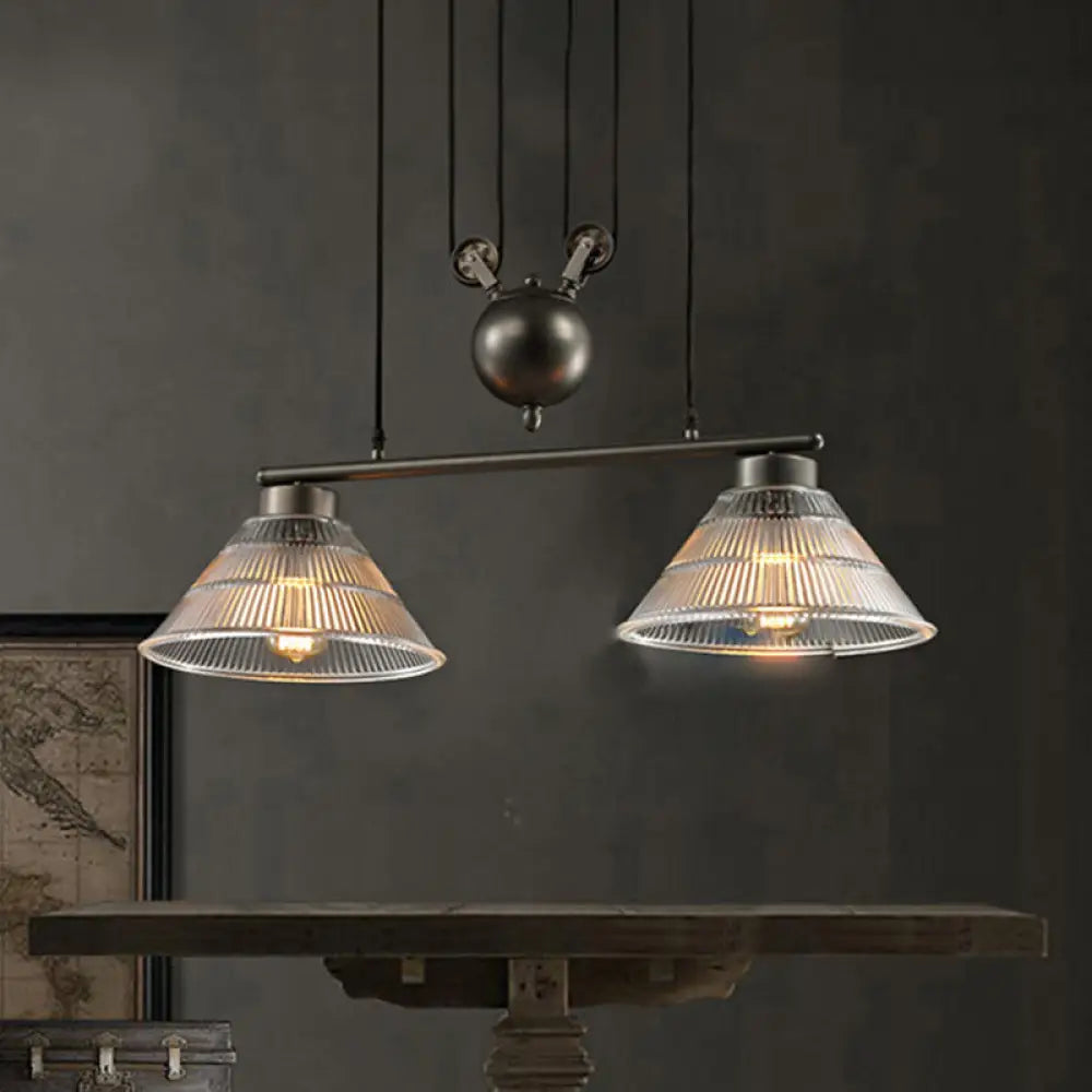 DecorBites™ Adjustable Pulley Industrial Cone Pendant with Prismatic Glass - Black, 2/3-Light Island Lamp