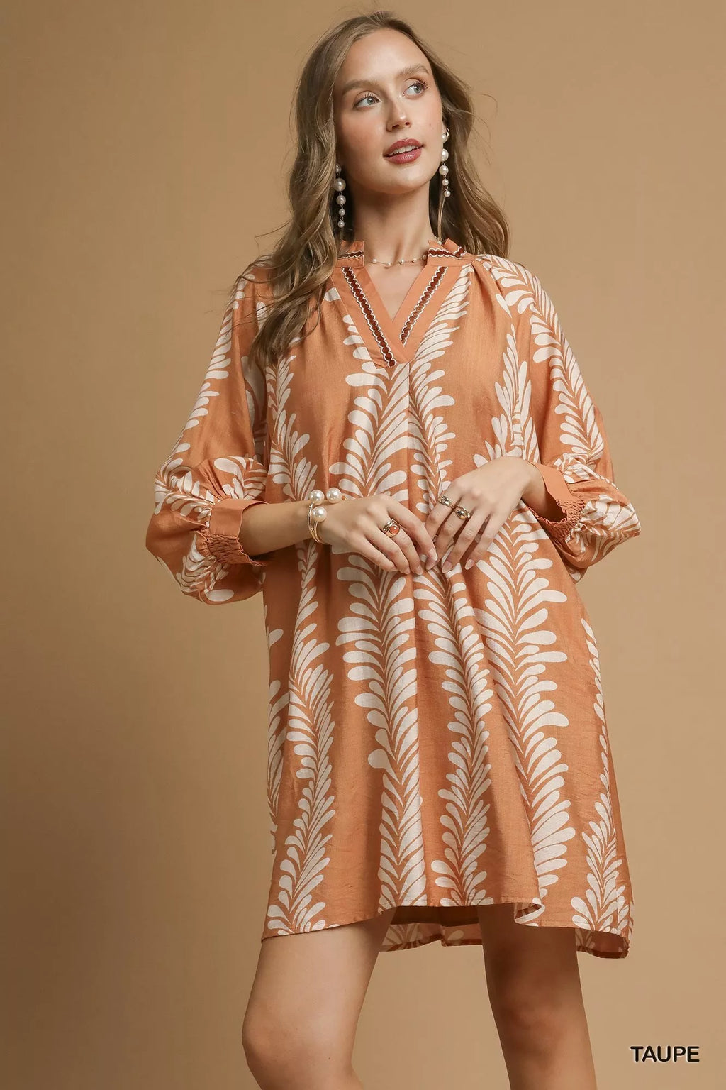Leaf Print Notched Mini Babydoll Dress