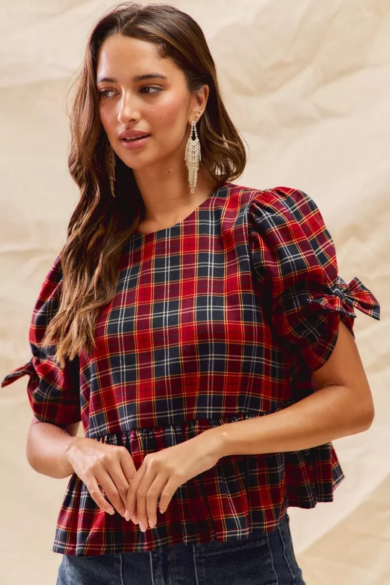Christmas Holiday Plaid Ribbon Short Sleeves Top