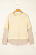 Apricot 2 in 1 Faux Two Piece Patchwork Round Neck Sweatshirt