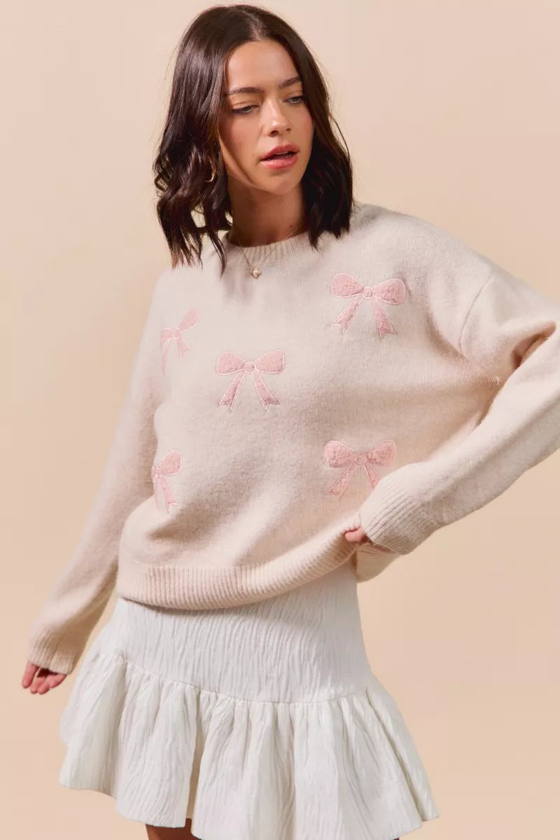 Embroidered Ribbon Round Neck Sweater