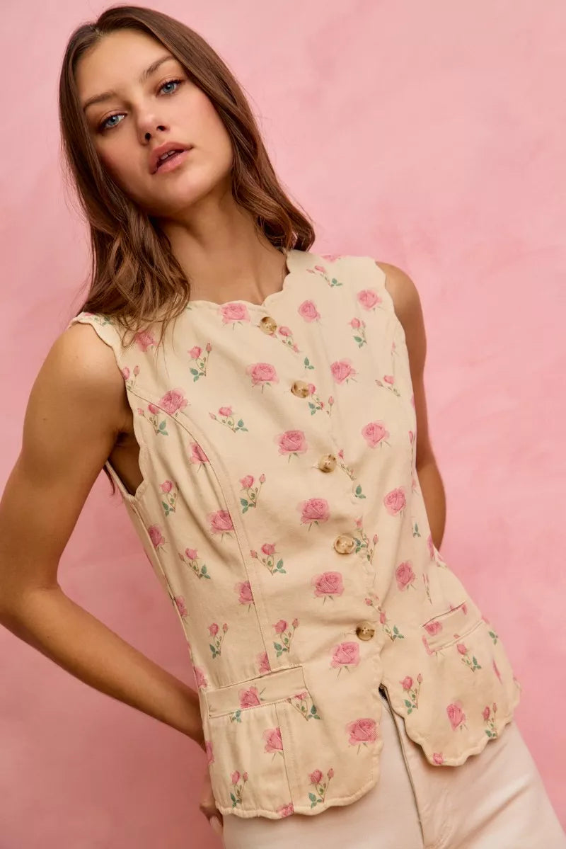 Floral Rose Cotton Twill Scallop Button Vest Top