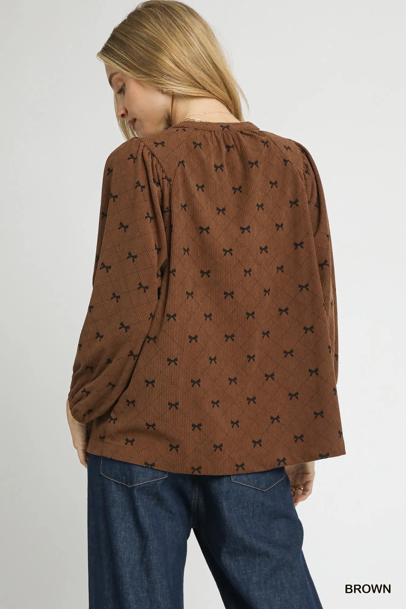 Corduroy Bow Print Balloon Sleeve Blouse