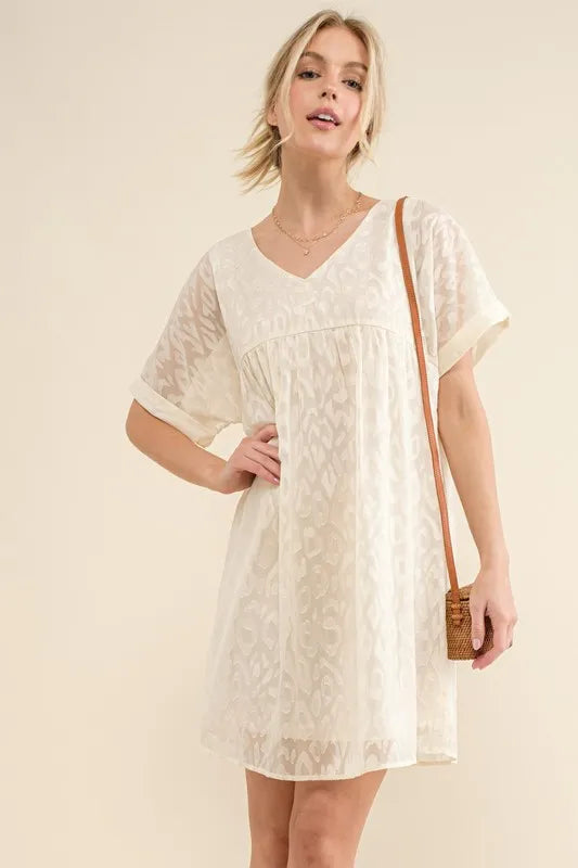 Woven Leopard Baby Doll Roll-Sleeve Casual Dress