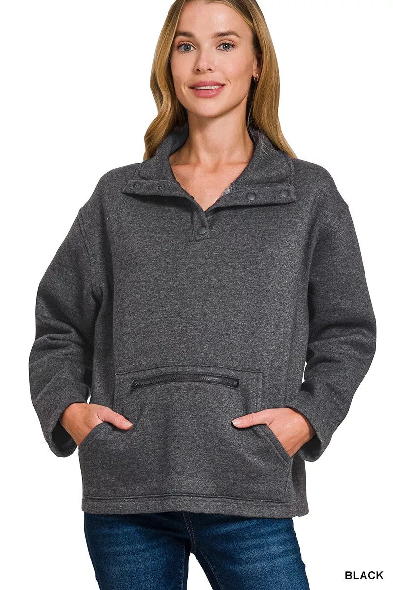 Fleece Washed High Neck Kangaroo Pocket Sweatshirt