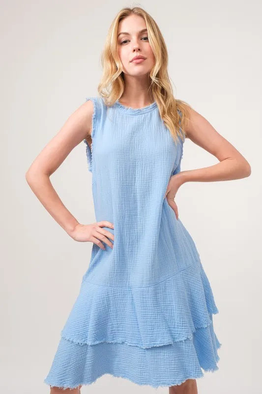 Washed Fringe Detail Tiered Dress