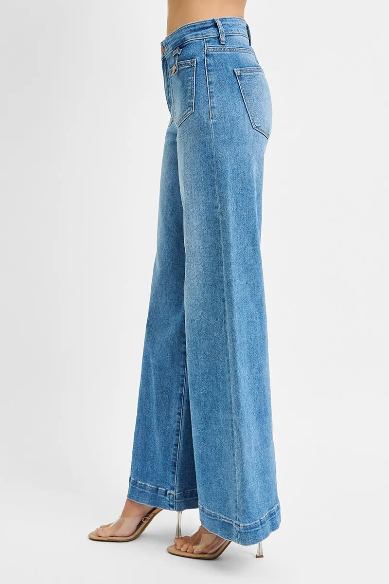 Full Size Mid Rise Wide Front Patch Pocket Jeans Plus Size