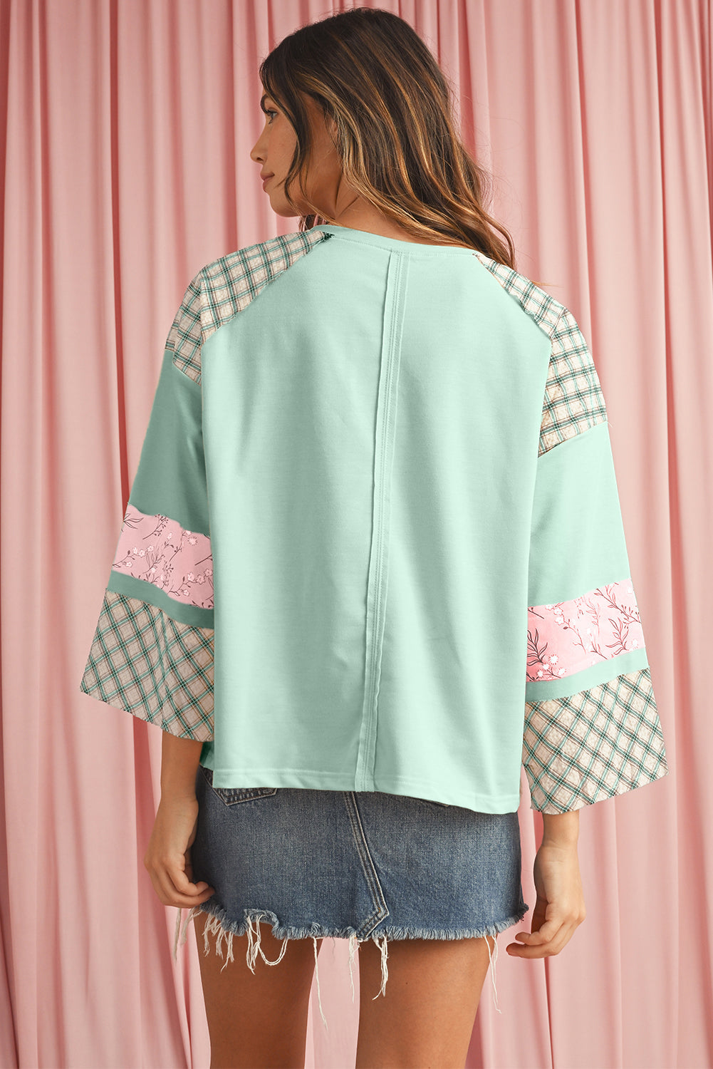 Beige Plaid Floral Patchwork Heart Long Sleeve Top