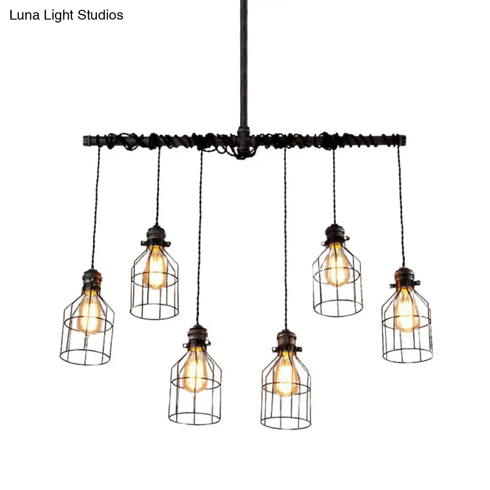 DecorBites™ Aged Silver 6/10 Bulbs Industrial Cage Iron Pendant Light with Double Pipe Rod - Island Hanging Lamp Fixture