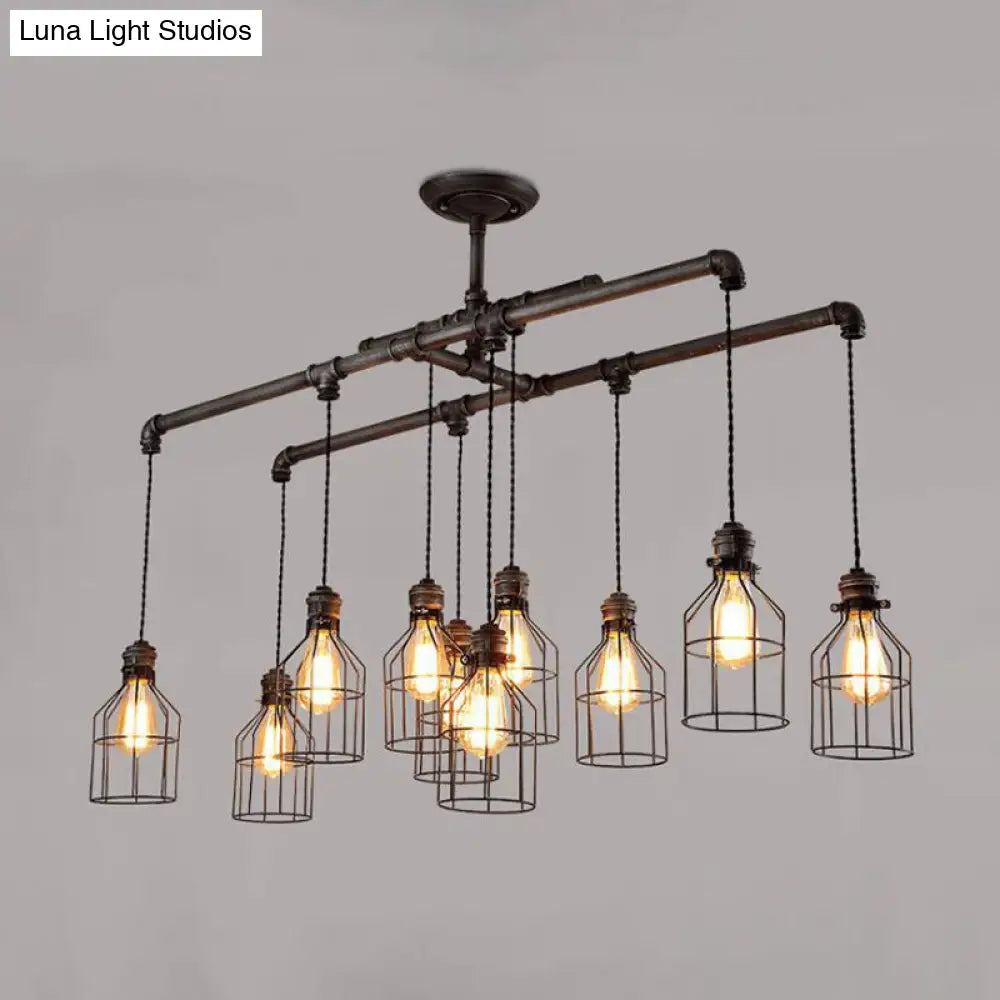 DecorBites™ Aged Silver 6/10 Bulbs Industrial Cage Iron Pendant Light with Double Pipe Rod - Island Hanging Lamp Fixture