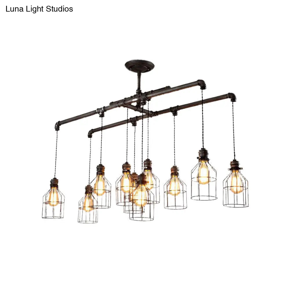 DecorBites™ Aged Silver 6/10 Bulbs Industrial Cage Iron Pendant Light with Double Pipe Rod - Island Hanging Lamp Fixture