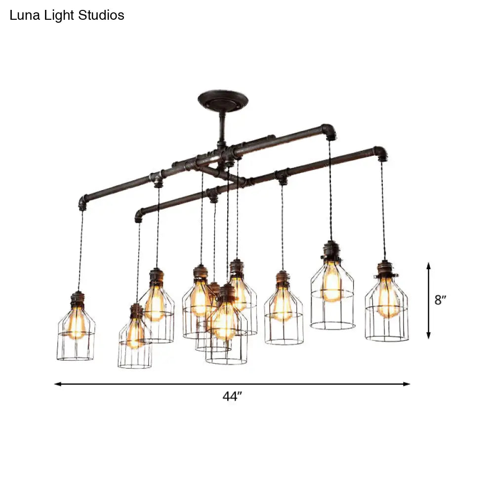DecorBites™ Aged Silver 6/10 Bulbs Industrial Cage Iron Pendant Light with Double Pipe Rod - Island Hanging Lamp Fixture