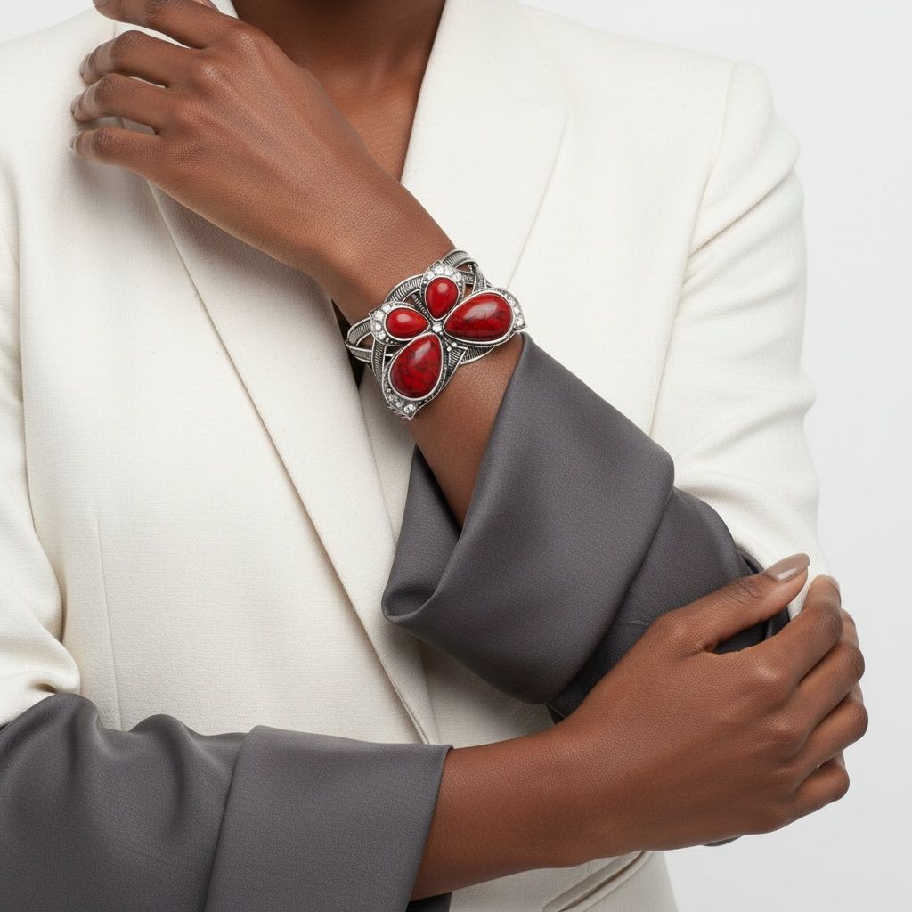 Statement Burnished Silver Cuff Bracelet with Red Butterfly Detail