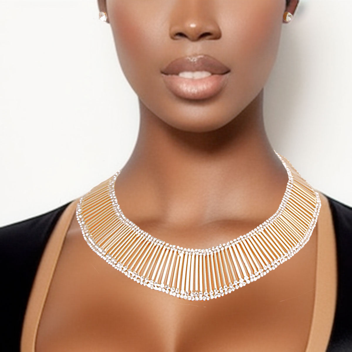 Statement Rhinestone Collar Necklace with Gold Bar Detail