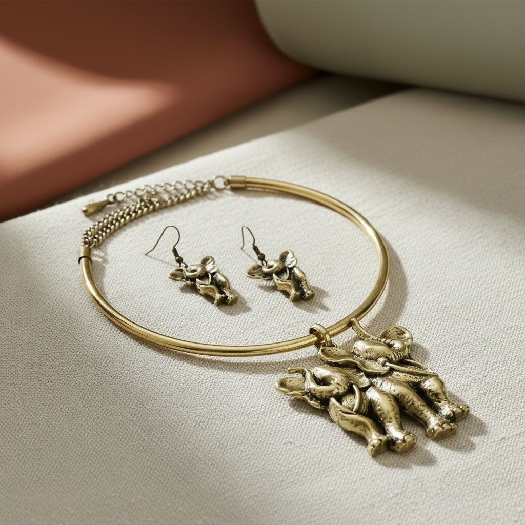Statement Choker Necklace Burnished Gold Double Elephant Pendant Stylish Jewelry