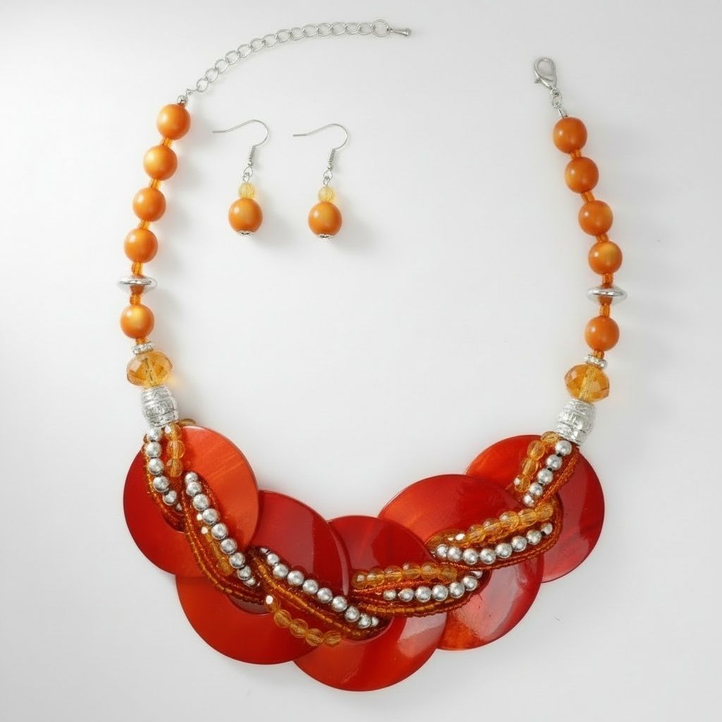 Beaded Collar Necklace with Orange Shell Discs for Women – Stylish Statement Jewelry