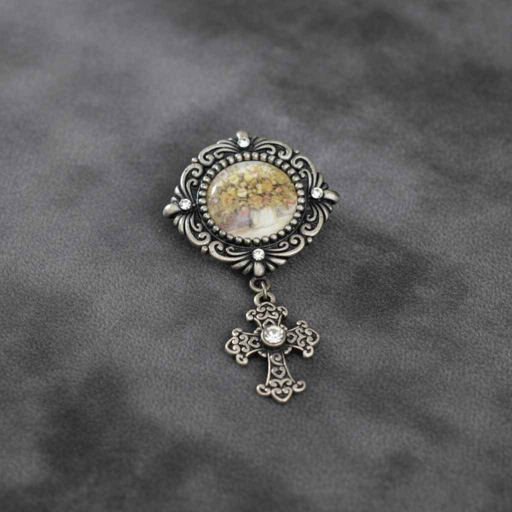 Antique Cross Brooch with Round Picture Frame Pin – Stylish Vintage Jewelry Accessory