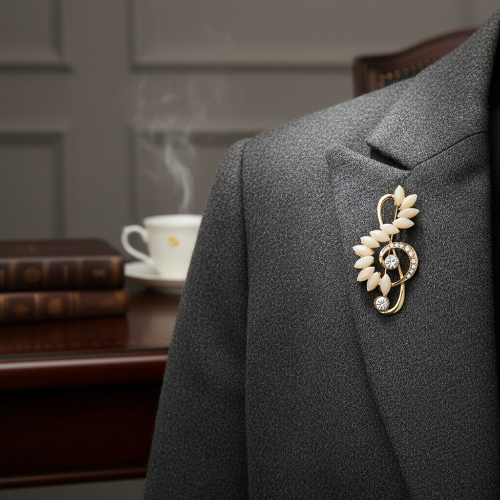 Fashion Brooch Gold Treble Clef Pin with Cream Marquise Stone Stylish Accessory