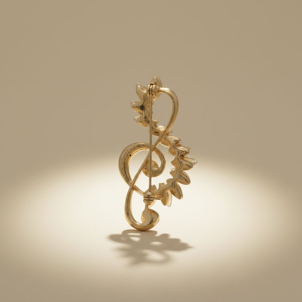 Fashion Brooch Gold Treble Clef Pin with Cream Marquise Stone Stylish Accessory