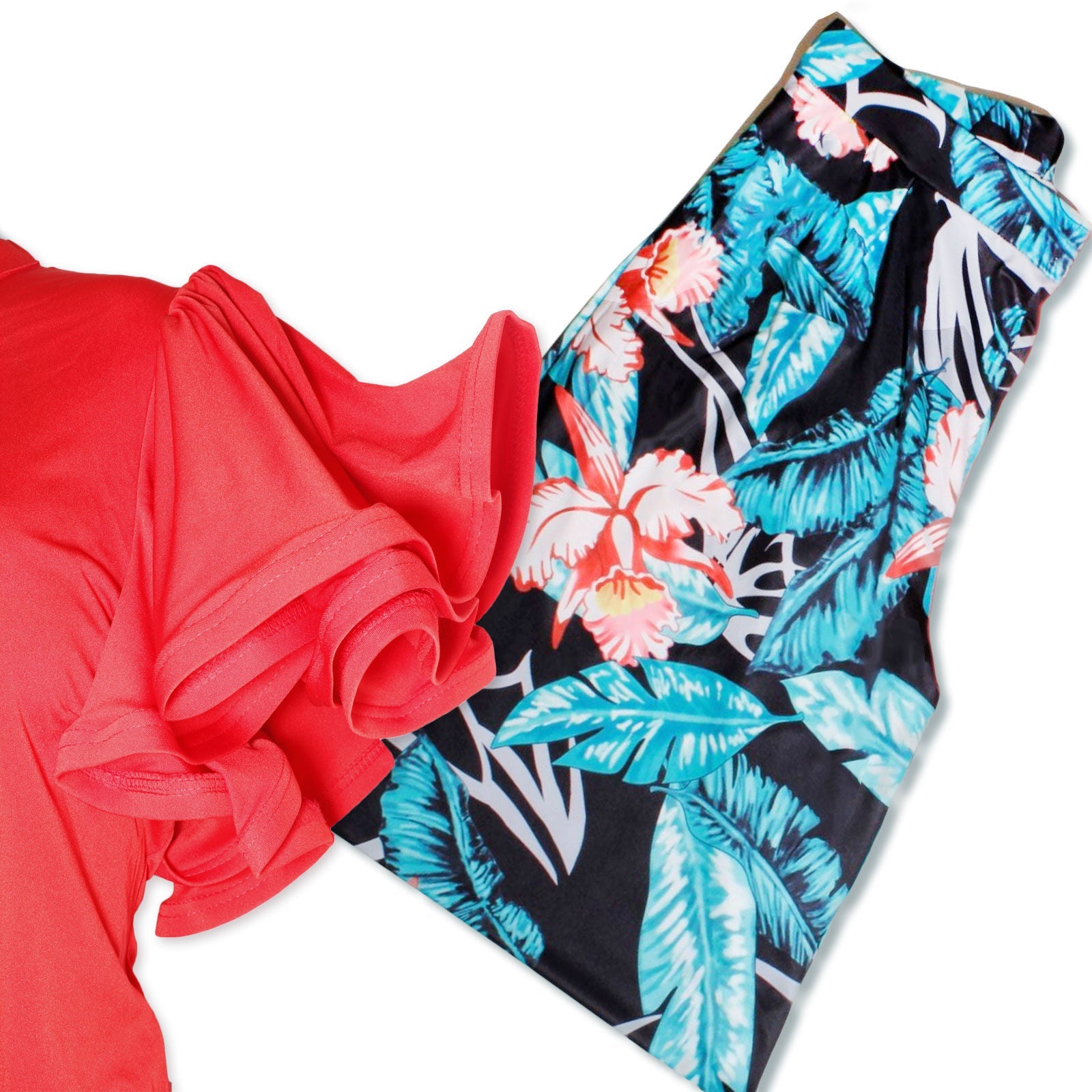 Plus Size Tropical Pant Set with Red Ruffle Detail, Stylish and Trendy