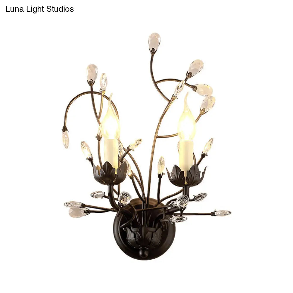 DecorBites™ Antique Metal Wall Sconce with Crystal Accents - Elegant Black Flower Design, 2 Lights - Perfect for Living Room
