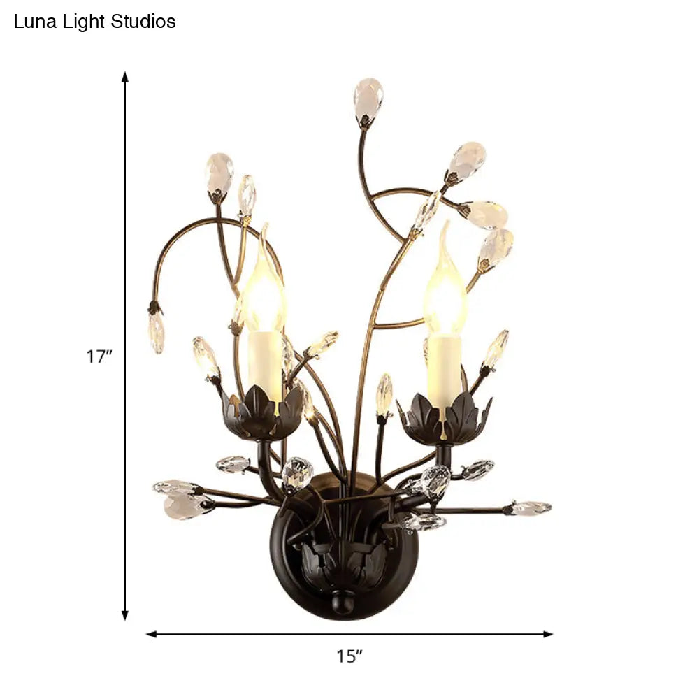 DecorBites™ Antique Metal Wall Sconce with Crystal Accents - Elegant Black Flower Design, 2 Lights - Perfect for Living Room