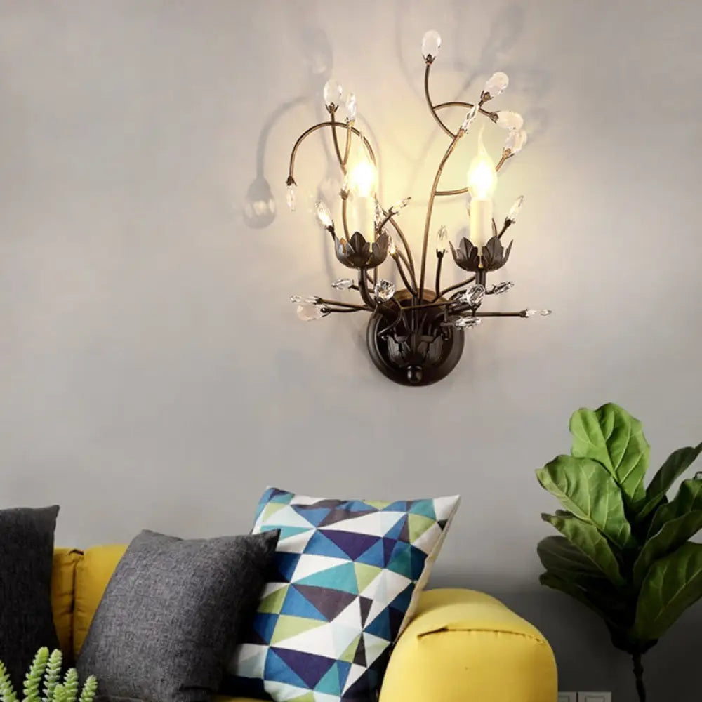 DecorBites™ Antique Metal Wall Sconce with Crystal Accents - Elegant Black Flower Design, 2 Lights - Perfect for Living Room