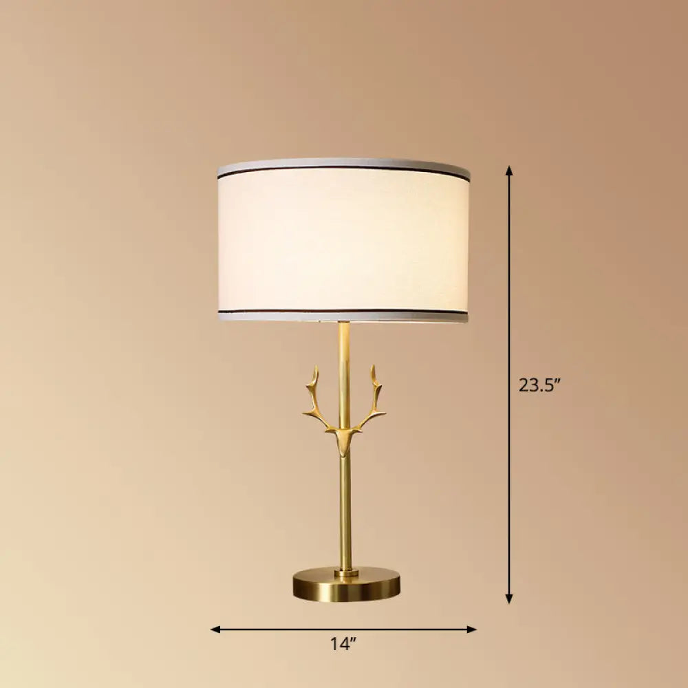 DecorBites™ Antler Decor Fabric Drum Table Lamp - Simplicity 1 Bulb, White Bedside Nightstand Light