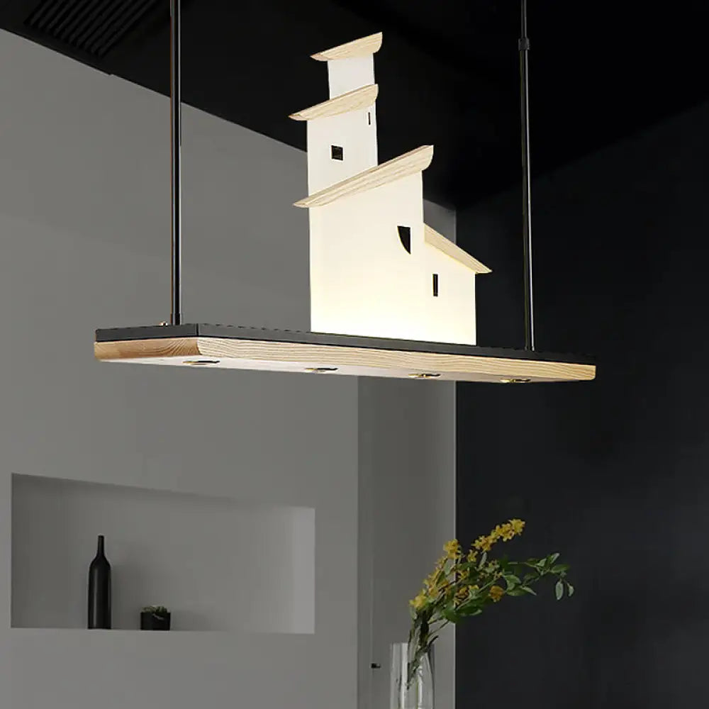 DecorBites™ Art Deco Island Pendant Ceiling Light, LED Metal Fixture in White with Wood Bracket - Warm/White Light