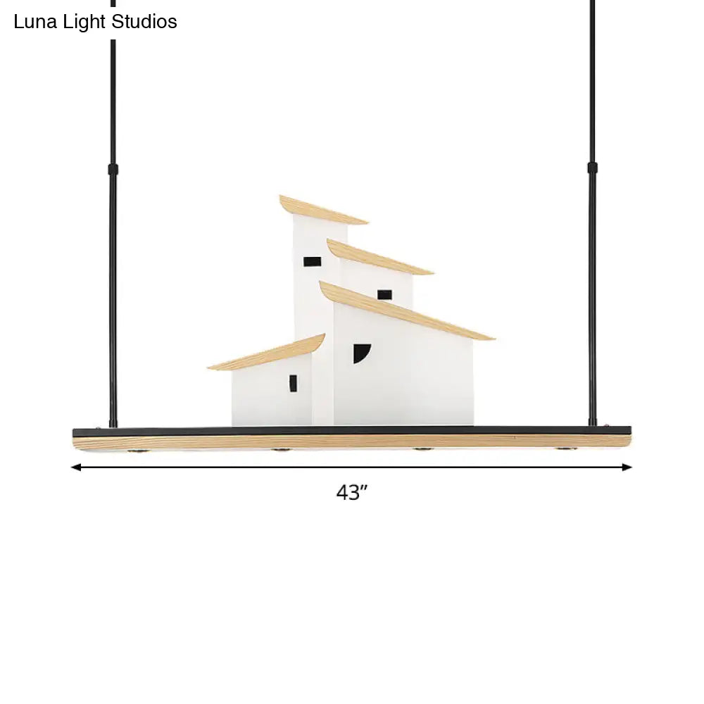 DecorBites™ Art Deco Island Pendant Ceiling Light, LED Metal Fixture in White with Wood Bracket - Warm/White Light