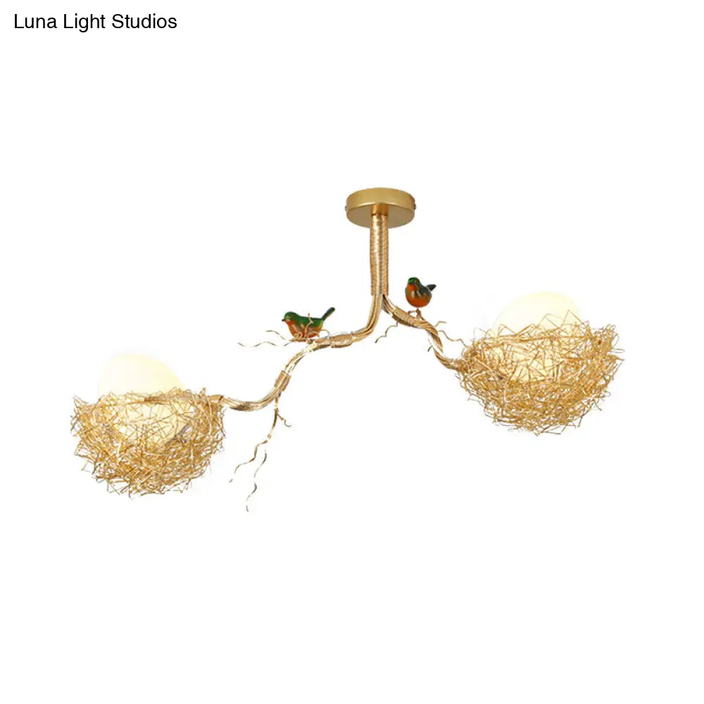 DecorBites™ Artistry Milk White Glass Ball Chandelier Pendant with Birds and Hand-Sewn Aluminum Nest - 1/2/3-Light Golden Hanging Lamp