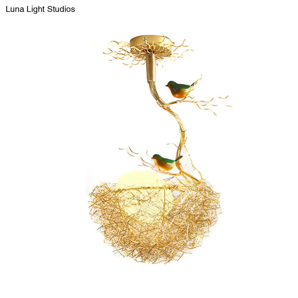 DecorBites™ Artistry Milk White Glass Ball Chandelier Pendant with Birds and Hand-Sewn Aluminum Nest - 1/2/3-Light Golden Hanging Lamp