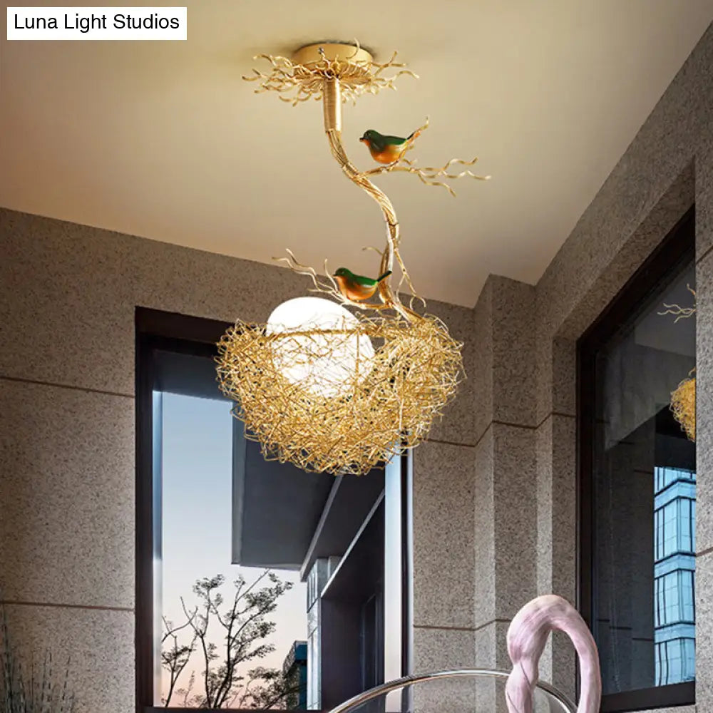 DecorBites™ Artistry Milk White Glass Ball Chandelier Pendant with Birds and Hand-Sewn Aluminum Nest - 1/2/3-Light Golden Hanging Lamp