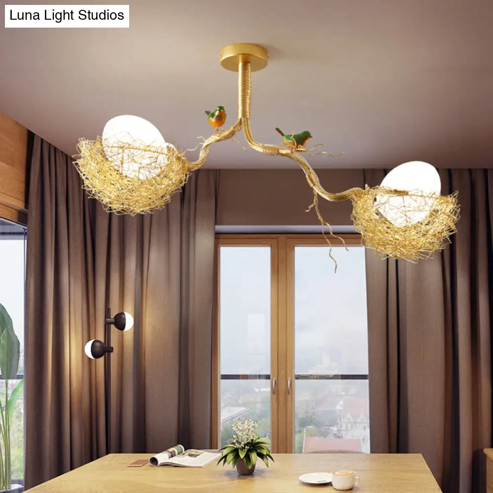 DecorBites™ Artistry Milk White Glass Ball Chandelier Pendant with Birds and Hand-Sewn Aluminum Nest - 1/2/3-Light Golden Hanging Lamp