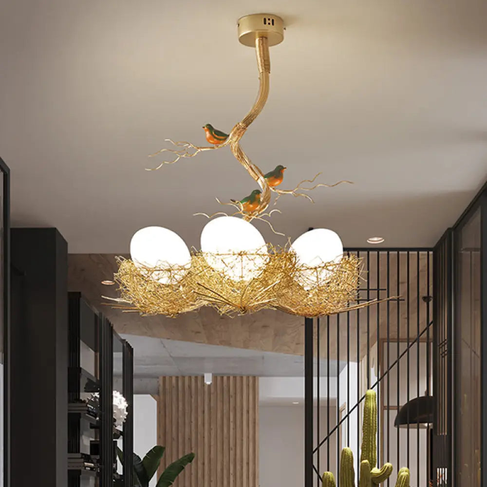 DecorBites™ Artistry Milk White Glass Ball Chandelier Pendant with Birds and Hand-Sewn Aluminum Nest - 1/2/3-Light Golden Hanging Lamp