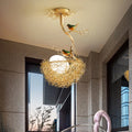 DecorBites™ Artistry Milk White Glass Ball Chandelier Pendant with Birds and Hand-Sewn Aluminum Nest - 1/2/3-Light Golden Hanging Lamp