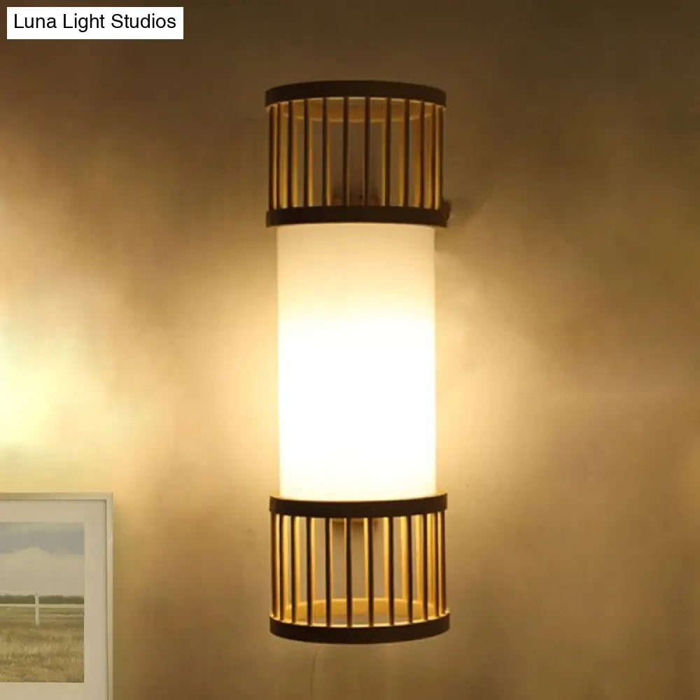 DecorBites™ Asian Bamboo Cylinder Shade Wall Sconce Light in Beige - Stylish 1-Head Wall Lamp for Stairway