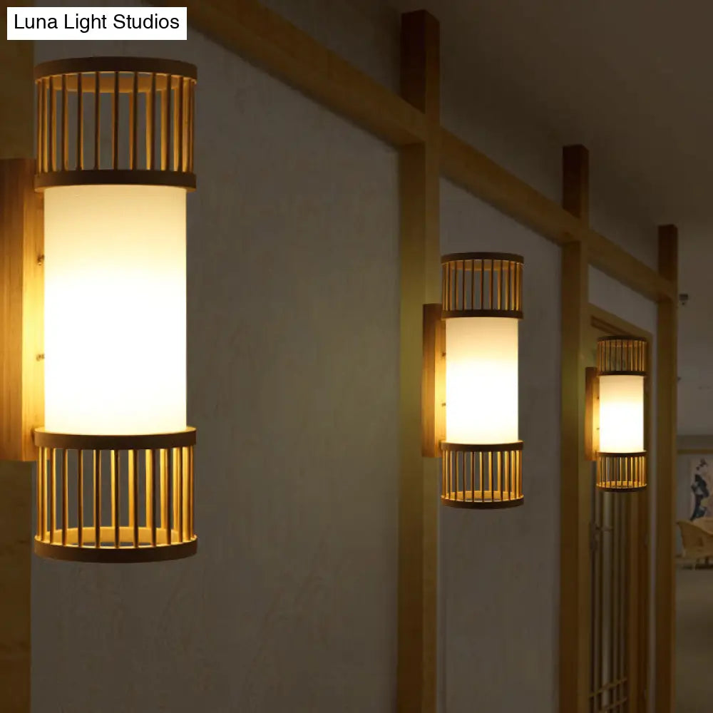 DecorBites™ Asian Bamboo Cylinder Shade Wall Sconce Light in Beige - Stylish 1-Head Wall Lamp for Stairway