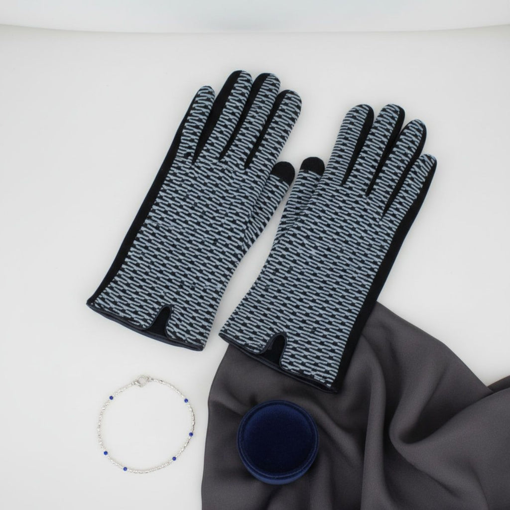 Winter Touchscreen Gloves Navy Blue Cross Wavy Stylish Casual