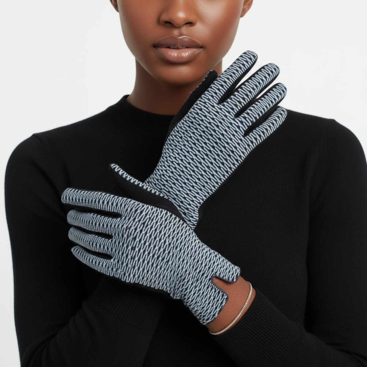 Winter Touchscreen Gloves Navy Blue Cross Wavy Stylish Casual