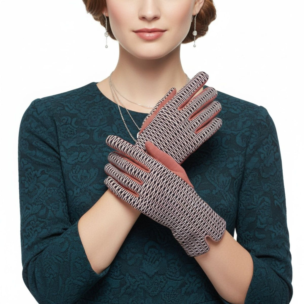 Winter Gloves Pink Mauve Wavy Cross Touchscreen Stylish Fashion Accessory