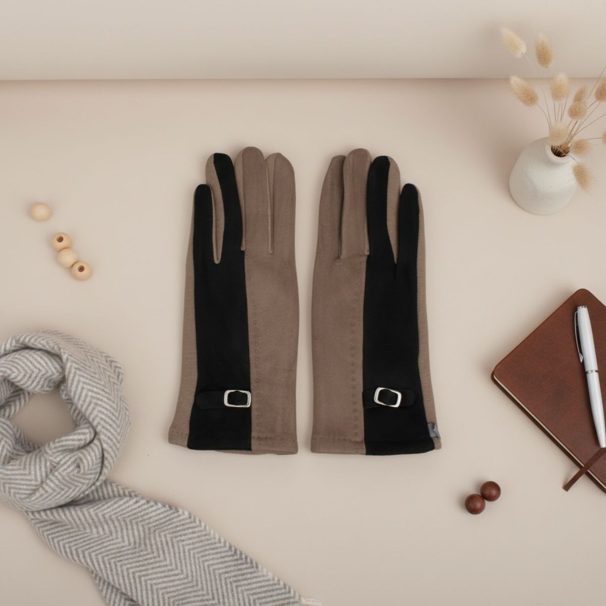 Winter Touchscreen Gloves, Black Taupe Faux Suede, Stylish and Casual