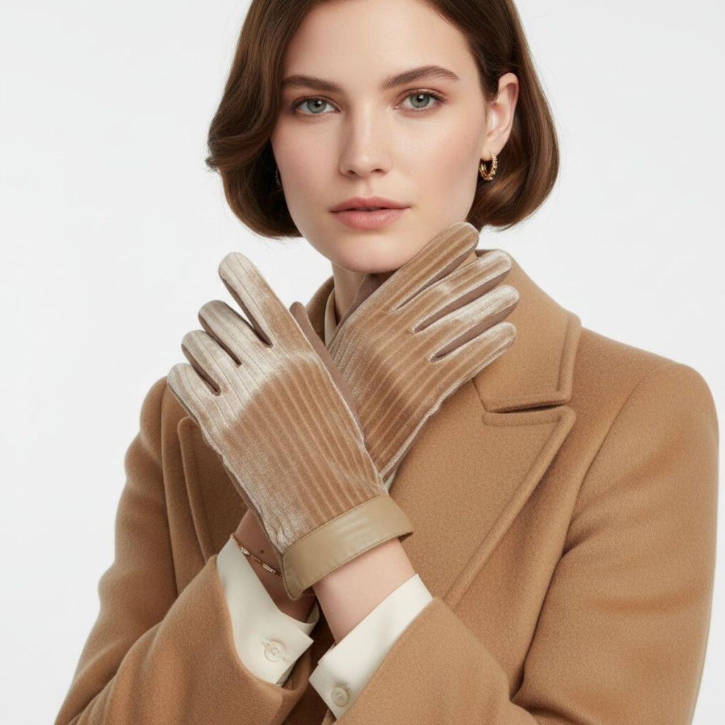 Winter Gloves Beige Fur Stripe Leather Touchscreen Stylish Casual