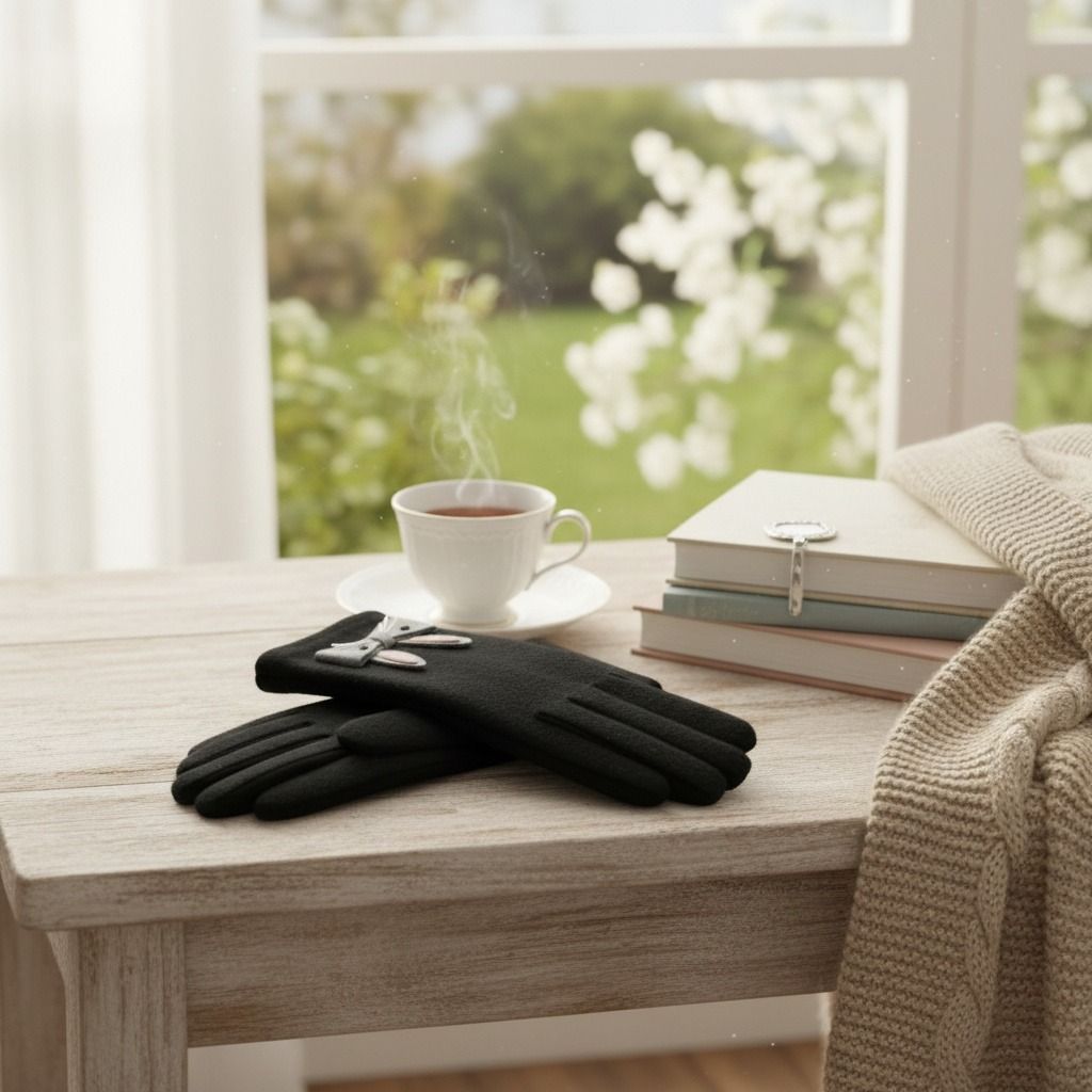 Winter Woolen Touchscreen Gloves Black with Cute Rabbit Detail Stylish and Trendy