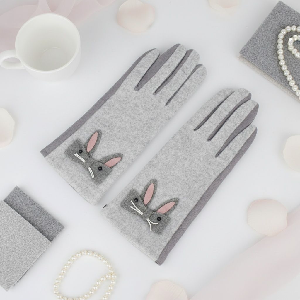 Winter Woolen Touchscreen Gloves Gray with Cute Rabbit Detail Stylish and Trendy