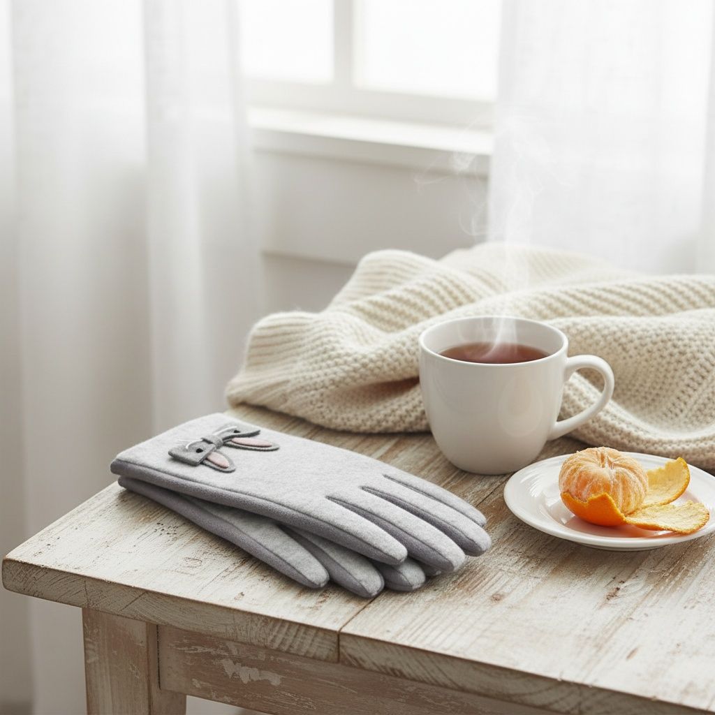Winter Woolen Touchscreen Gloves Gray with Cute Rabbit Detail Stylish and Casual